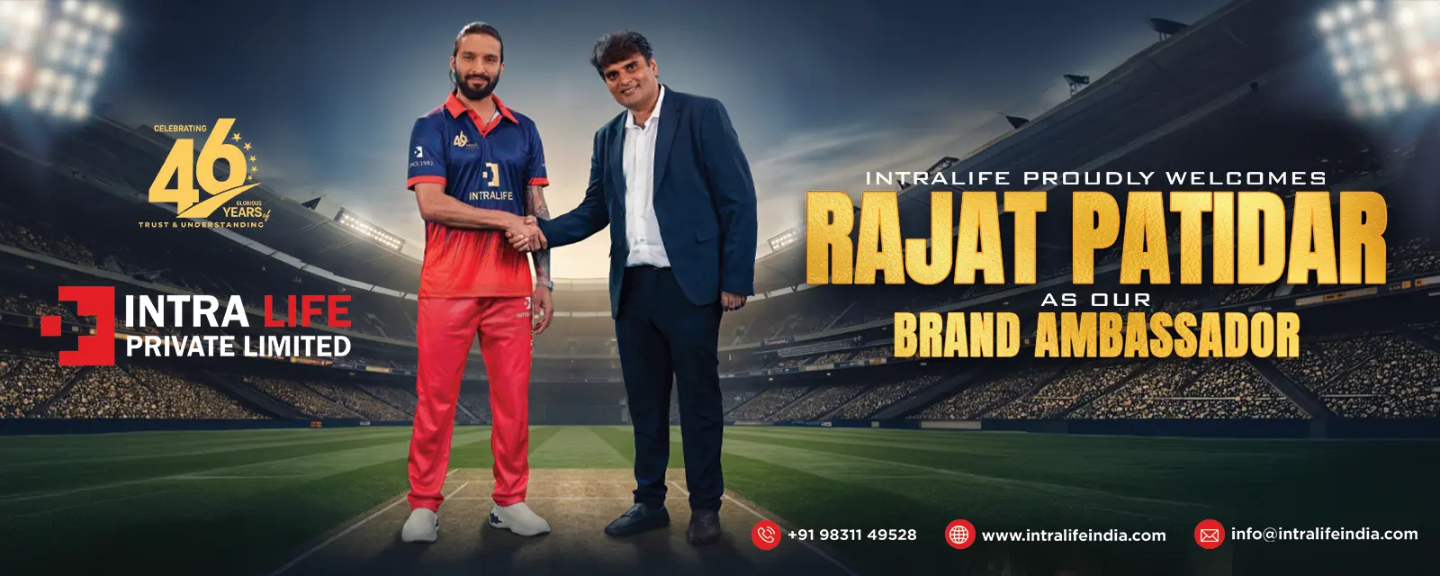 Rajat Patidar in an official Intra Life corporate brand ambassador campaign